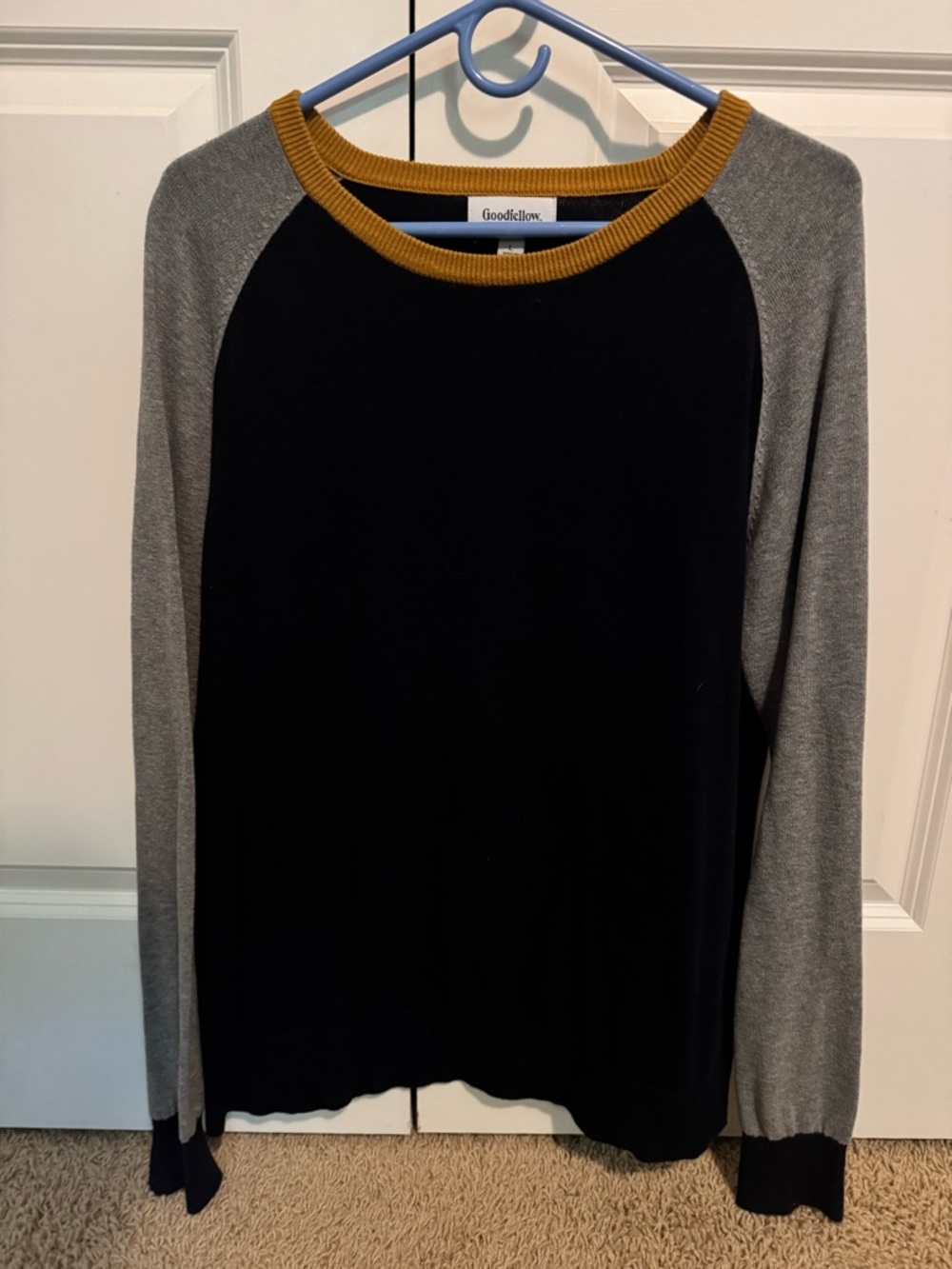 Goodfellow & Co Navy Crewneck Sweater with Gray Sleeves and Mustard Neck Trim